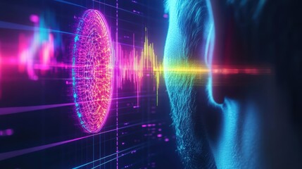 Poster - Futuristic Human Scan Against a Glowing Blue and Pink Background Creating a Dynamic Sci Fi Atmosphere with Vibrant Colors and Modern Aesthetics