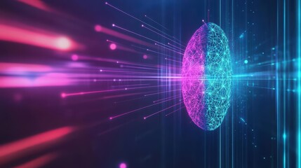 Poster - Vibrant and Luminous Blue and Pink Sphere Surrounded by Ethereal Light Trails Creating a Dreamlike Atmosphere in a Surreal Artistic Composition