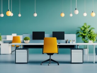 Poster - Bright and Inviting Workspace Featuring a Modern Computer on a Sleek Desk Accompanied by a Cheerful Yellow Chair Promoting Productivity and Comfort