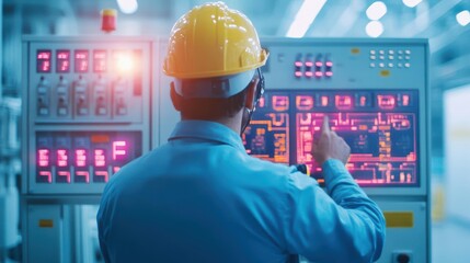 Poster - Construction Worker in Hard Hat Analyzing Advanced Electronic Equipment Display in Industrial Setting Emphasizing Safety and Technology Integration