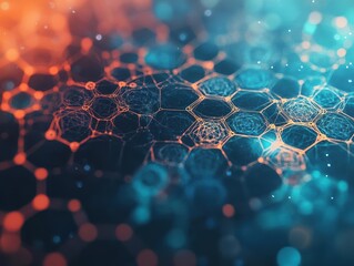 Poster - Vibrant Molecular Structure with Abstract Blue and Orange Background Illustrating Scientific Concepts in Chemistry and Biochemistry with Creative Flair