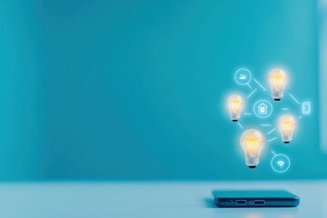 Poster - Innovative Smart Phone Surrounded by Bright Light Bulbs and Creative Icons Symbolizing Technology Connectivity and Modern Digital Lifestyle Concepts