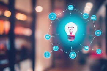 Poster - Illuminated Light Bulb Surrounded by Colorful Icons Representing Ideas and Innovation Creating a Bright and Inspiring Concept of Creativity and Thought