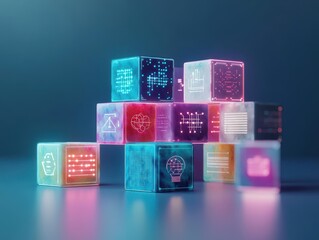 Poster - Vibrant Stack of Colorful Cubes Displaying Various Icons Representing Diverse Concepts Creativity Playfulness and Modern Design Aesthetic in Abstract Art
