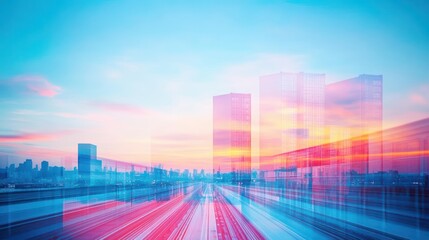 Poster - Vibrant Urban Scene Under Clear Azure Sky Featuring Striking Red Traffic Light Amidst Modern Architecture and Bustling City Life Creating Dynamic Atmosphere