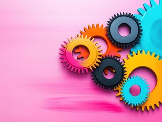 Poster - Vibrant Colorful Gears Arrangement on a Soft Pink Background Creating an Artistic and Playful Visual Experience Ideal for Creative Projects and Design