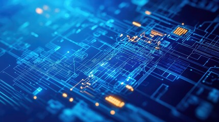 Fototapete - Intricate Blue Circuit Board Design Featuring Complex Circuits and Connections Illustrating Advanced Technology and Innovation in Modern Electronics Field