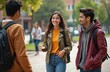 © Vadym - Group of smiling Latin students talking near university campus. Young woman shares ideas with friends. College students discuss project, girls walk in background. Education abroad, student lifestyle.