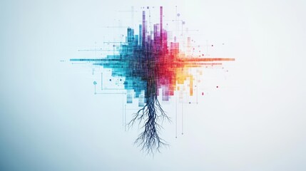 Poster - Vibrant Cross Formed by Colorful Lines Intertwined with Lush Green Trees Creating a Dynamic and Artistic Nature Inspired Composition