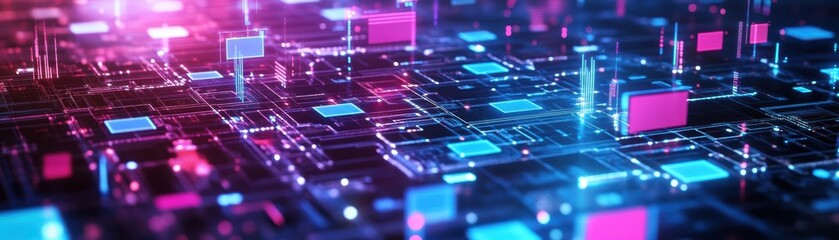 Poster - Futuristic Abstract Technology Background Featuring Glowing Squares and Geometric Shapes Creating a Dynamic and Engaging Digital Atmosphere