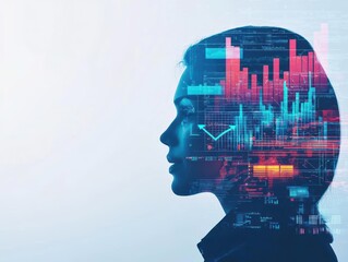 Poster - A woman's head intricately blended with a vibrant digital cityscape symbolizing the fusion of technology and urban life in a modern artistic portrayal