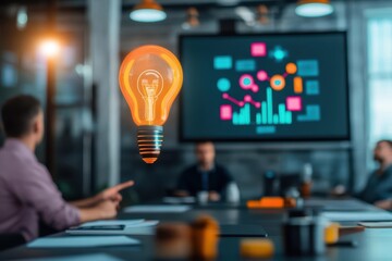 Poster - Illuminated Light Bulb Centered in Modern Meeting Room Setting Symbolizing Ideas Creativity Collaboration and Innovation in Professional Environment