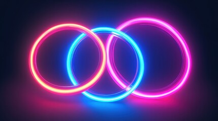 Fototapete - Vibrant neon rings in pink and blue light create a mesmerizing visual display against a dark backdrop