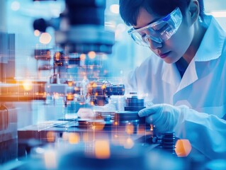 Poster - Focused Scientist Analyzing Samples Under Microscope in Modern Laboratory Environment Surrounded by Advanced Equipment and Research Materials