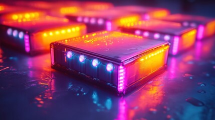 Poster - Vibrant illuminated boxes with glowing edges resting on a wet surface, creating a futuristic ambiance