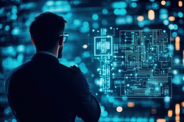 Poster - Professional Man in Suit Analyzing Complex Circuit Board with Focused Expression in Modern Office Setting Reflecting Innovation and Technology Insights