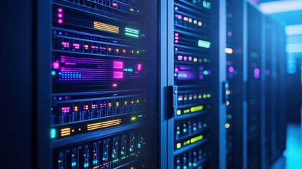 Poster - A Row of High-Performance Servers in a Modern Data Center Illuminated by Soft LED Lights Creating a Cool and Technologically Advanced Atmosphere