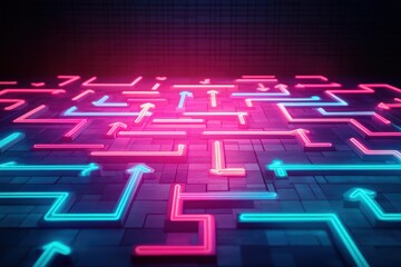 Poster - Intriguing Neon Maze with Illuminated Arrows Guiding Through a Vibrant and Enigmatic Pathway Creating a Futuristic and Captivating Atmosphere