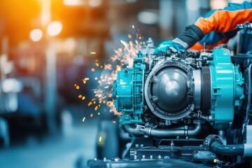 Poster - Focused Individual Welding Car Engine in Workshop Environment Highlighting Skill and Craftsmanship with Tools and Equipment in Action and Precision