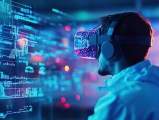 Fototapete - Man Engaged with Virtual Reality Glasses Immersed in Digital World While Using Computer in a Modern Tech Environment Capturing Innovation and Focus