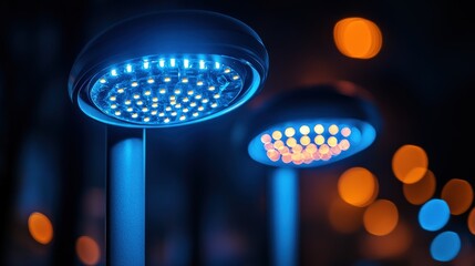 Poster - Vibrant LED streetlights illuminating a cityscape at night, creating a lively urban atmosphere