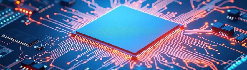 Fototapete - Intricate Circuit Board Featuring a Prominent Blue Chip at the Center Surrounded by Complex Pathways and Connectors Highlighting Technological Innovation