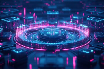 Poster - Futuristic Cityscape Featuring Circular Architecture Surrounded by Lush Greenery with Vibrant Skies Evoking a Sense of Innovation and Progress
