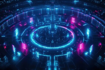 Poster - Futuristic Cityscape at Night Illuminated by Vibrant Neon Lights Featuring Circular Architecture and a Lively Urban Atmosphere in a Modern World