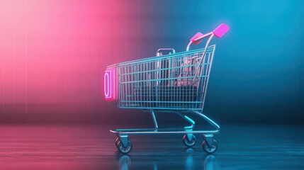Poster - Vibrant Shopping Cart Illuminated by Soft Pink Light in an Urban Setting Evoking a Playful and Modern Atmosphere for Retail and Shopping Enthusiasts