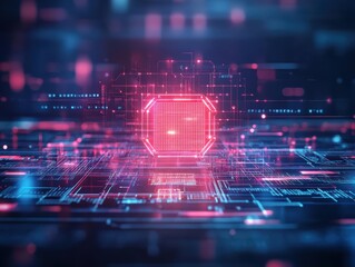 Poster - Close Up of Electronic Circuit Board with Glowing Red Light Highlighting Intricate Pathways and Components Showcasing Modern Technology and Innovation
