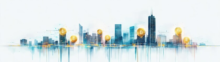 Poster - Vibrant Urban Cityscape Featuring Glimmering Bitcoin Coins Intertwined with Modern Architecture and Bustling Streets in a Dynamic Financial Hub