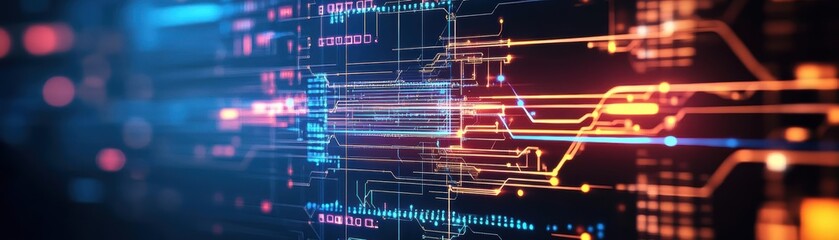 Fototapete - Vibrant Digital Interface Displaying Abstract Blue and Orange Patterns Creating a Futuristic and Engaging User Experience in Modern Technology Design