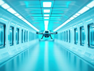 Poster - Aerial View of a Drone Navigating Through an Urban Tunnel Surrounded by Concrete Walls and Bright Lights Creating a Dynamic and Futuristic Atmosphere