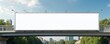 © Vadym - Long white vinyl banner on metal bridge for public outdoor advertising. Blank billboard facade for marketing space. Urban cityscape, blue sky. Isolated signage over road with copy space. Promotion in