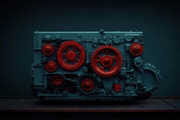Poster - Intricate Red and Black Machine Featuring Exposed Gears and Mechanical Components Evoking a Sense of Industrial Power and Mechanical Precision