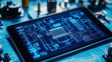 Poster - Tablet Displaying Detailed Architectural Blueprint with Clear Lines and Annotations in a Bright Interior Setting Creating a Focused Work Environment