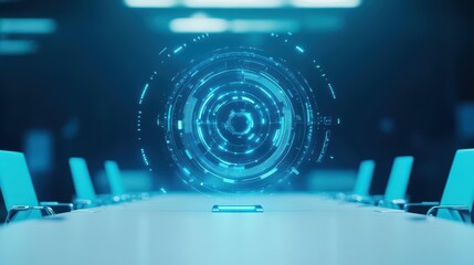 Poster - Modern Conference Table Featuring Innovative Circular Blue Technology Interface with Collaborative Atmosphere Ideal for Business Discussions and Meetings