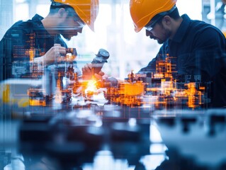 Poster - Two Skilled Workers Collaborating on Complex Machinery in Busy Factory Environment Showcasing Teamwork and Industrial Innovation in Manufacturing Sector