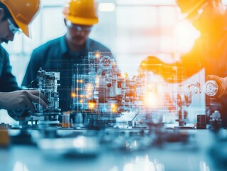 Poster - Collaborative Engineers Engaged in Innovative Project Development in Modern Office Space Promoting Teamwork and Creativity with High-Tech Equipment