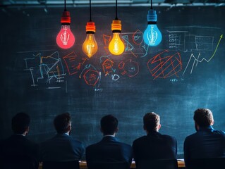 Poster - Group of Diverse People Engaged in Creative Collaboration in Front of Chalkboard Featuring Light Bulb Drawing Symbolizing Innovation and Ideas