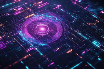 Poster - Futuristic Background Featuring a Circular Shape Surrounded by Abstract Patterns and Vibrant Colors Evoking a Sense of Innovation and Modernity
