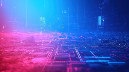 Fototapete - Intricate Computer Circuit Design Against Vibrant Blue and Pink Background Showcasing Modern Technology and Futuristic Aesthetics in Digital Art