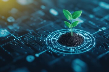 Poster - Resilient Plant Emerging from Circuit Board Symbolizing Nature's Triumph Over Technology in a Harmonious Blend of Organic and Digital Worlds