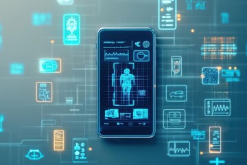 Poster - Smartphone Displaying Vibrant Blue Screen with Image of Individual Engaged in Conversation Creating Modern Digital Communication Atmosphere