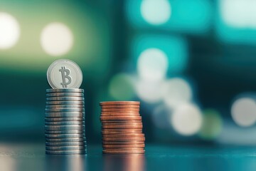 Poster - A Stack of Various Coins with a Prominent Bitcoin on Top Symbolizing Wealth Investment and Digital Currency in a Modern Financial Context