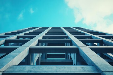 Poster - Imposing Skyscraper Reaching Toward Clear Blue Sky with Bright Sunlight Casting Shadows on Surrounding Urban Landscape Creating a Modern Architectural Marvel