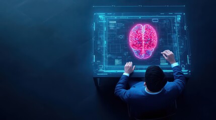 Fototapete - Businessman in Formal Suit Analyzing Digital Brain Visualization on Computer Screen Reflecting Innovation Technology and Modern Work Environment