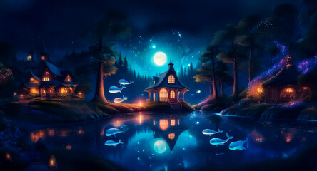 Wall Mural - a whimsical night scene unfolds with glowing cottages nestled by a serene river under a bright moon.