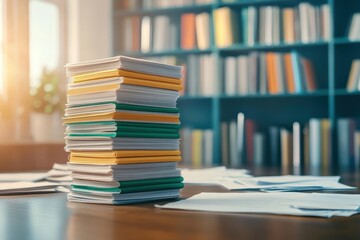 Poster - A Cozy Stack of Colorful Books on a Wooden Table Surrounded by Warm Natural Light Creating an Inviting Atmosphere for Reading and Relaxation
