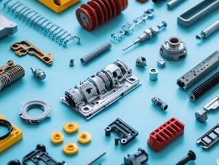 Poster - Diverse Collection of Precision Engineered Metal Components Showcasing Industrial Design and Quality Craftsmanship in a Well Lit Workshop Environment